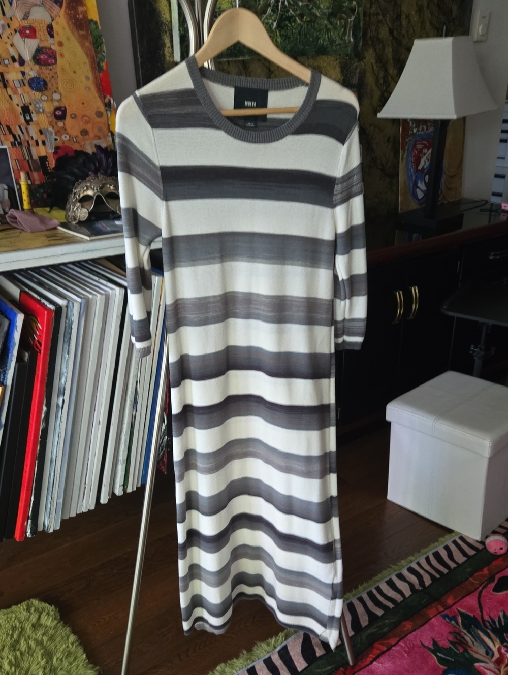 Maeve White And & Tonrs Of Gray Striped Maxi Dress